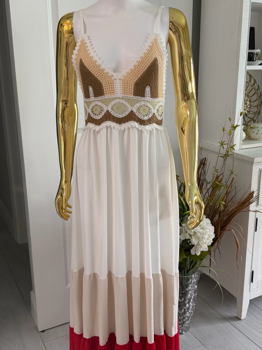 Boho Crochet Maxi Dress with Colorblock Skirt - White & Tan XS